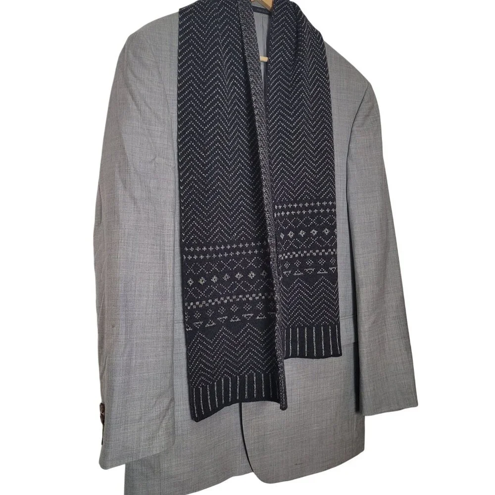 Mens Black & Gray Knit Wool Scarf With Chevron & Geometric Patterns 63